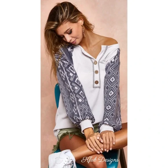 LAST 1! French Terry Super Soft Aztec Sleeve Henley! - Picture 5 of 10